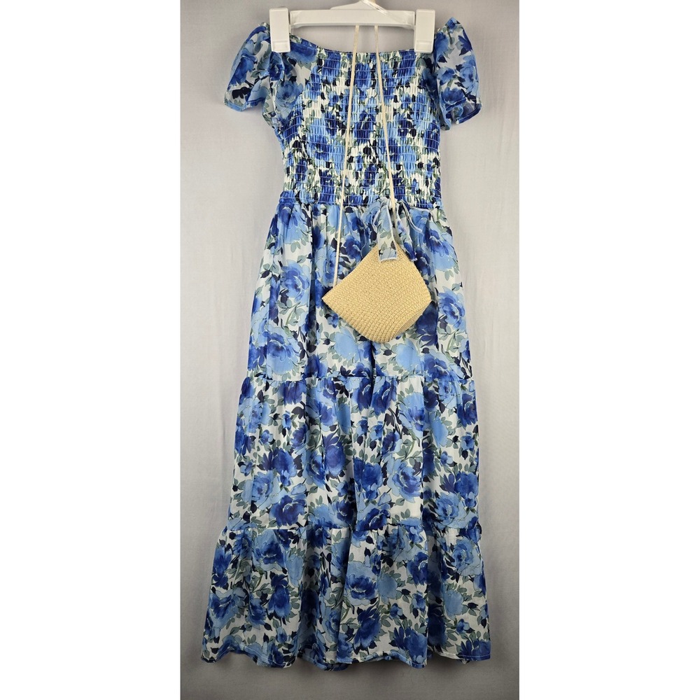 Speechless Kids Girls Blue Floral Smocked Maxi Dress with Straw Purse Size 8